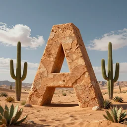 giant letter a on desert, with cactus surrounding it, and cloud around, high - resolution, digital art, cinematic, low depth field, beautiful