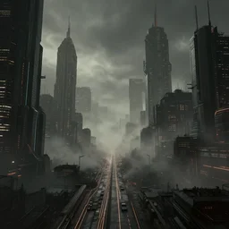 a wide angle view of a steamy technopunk cityscape in the style of tron legacy, concept art, desaturated, cinematic, ominous, darksynth, illuminated lines, outrun, vaporware, misty, octane render, by ridley scott and denis villeneuve, dramatic lighting, 8 k