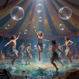 fever dream, floating bubbles of watery people dancing along a circus tent, hyper detailed, masterpiece, artstation, advanced lighting technology, stylized yet realistic surrealism, 4 k wallpaper