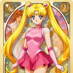 cute anime girl, with huge long yellow pigtails, skintight pink bodysuit, dark pink miniskirt, extremely detailed, digital illustration, by rossdraws, alphonse mucha, frank fanzzeta, collectible card art