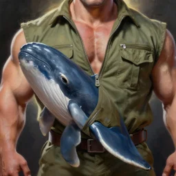 Very detailed close up of muscular powerlifter anthropomorphic kiler whale wearing unzipped army pilot uniform , backlight studio lighting, artstation oil painting