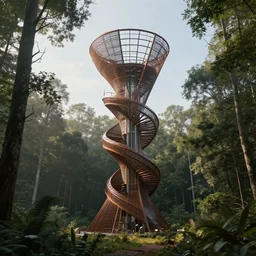 “Hyper realistic, double helix shaped corten steel observation tower in a forest, Future design, architecture design, parametric architecture, covers by textile, environment, morning light, Cinematography, mega scans, cinematic, hyper realistic, photo real, cinematic composition, highly detailed, vray, 8k render”