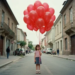 wide angle street scene shot todd solondz a young girl faces the camera with a shy expression and holds dozens of red balloons by their strings, impressionistic, todd solondz, alphonse mucha, rhads, rebecca guay, artstation, artgerm, octane render,