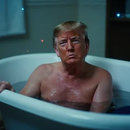 donald trump in a bathtub, cinematography of christopher doyle, neon gloomy light, anamorphic, optical flares, kodak film, sharp focus, realistic, 8 k