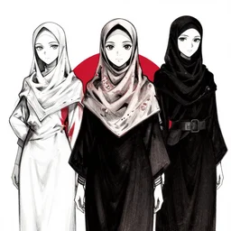 hijab tribe jaw japan flag background, character designs, digital painting, charlie bowater, manga, ink illustration