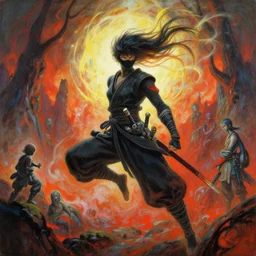 a heavenly ninja warrior, hellish landscape, flowing backlit hair, painting by geg ruthowski, alphonse murac, craig mullins, ruan jia, wlop, yoji shinkawa, collaborative artwork, exquisitely high quality and detailed