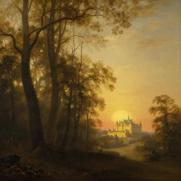 a diamond tree forest at sunset, there is golden castle off in the distance, highly detailed landscape painting by claude lorrain, golden hour, misty ominous atmosphere