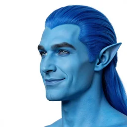 a face portrait of a [ blue skinned ] male with elegant smiling chiseled jaw, triton race from d & d, elf ears, beautiful man, blue hair in a ponytail cropped on the sides, white background, by edward hopper