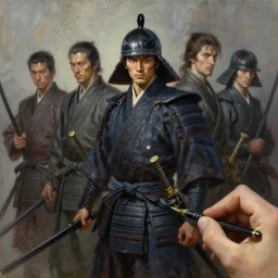 highly detailed oil painting of a samurai by greg tocchini, by thomas blackshear, by jeremi lipking, by etam cru, by craig mullins, dark particles, brush strokes, elegant, cinematic light, sharp focus, illustration, harmony, dynamic composition, masterpiece, pen,