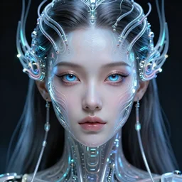 very beautiful woman cyborg, bionic pupils, full face frontal centered, portrait, intricate symmetrical ornate neon cables connected to head, clear lips, luxurious long hair, sophisticated futuristic implants, translucent, porcelain, fractal, sci fi, dramatic lighting, photography, highly detailed, artstation, deviantart, 8 k, by chie yoshi