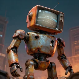 a very big bad robot with a ( ( ( ( ( broken ) ) ) ) ) old tv head, detailed, rusty,,, concept art, matte painting, trending artstation, octane render, vivid cinematic lightning, ( apocalyptic ) 8 k