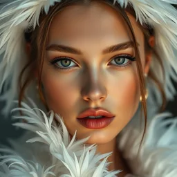 close up of face of female fashion model in white feather clothes, official balmain editorial, dramatic lighting highly detailed