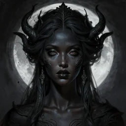 stunning goddess of fear portrait, dark skin, moon, ashes, fantasy, intricate, elegant, highly detailed, symmetrical face, digital painting, artstation, concept art, smooth, sharp focus, illustration, art by krenz cushart and artem demura and alphonse mucha