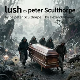 lush by peter sculthorpe, by alexandr averin. a computer art of a coffin being carried by six men through an ethereal, otherworldly landscape. the men are all wearing hooded cloaks. the landscape is eerie & foreboding, with jagged rocks & eerie, glowing plants.