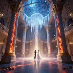 wedding at a beautiful victorian dancehall with large pillars, lava streams, magma, icicles glass ceilings showing the stars, chains hanging from ceiling, light dust, by peter mohrbacher dan mumford craig mullins nekro, cgsociety, pixiv, volumetric light, 3 d render