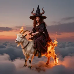 symmetry!!! half length portrait of a biblical diabolical witch! girl burning riding a cute goat, fire, clouds, sunset, studio light, by beeple, by mikhail vrubel, by peter elson, muted colors, extreme detail, trending on artstation, 8 k