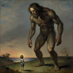 tall humanoid creature looming over a tiny human, mikalojus konstantinas ciurlionis
