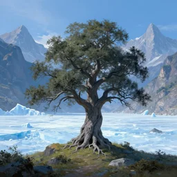 large fantasy crooked gray tree on a small hill in the middle of a huge cold valley of ice with large mountains in the background, wallpaper by Ruan Jian, Ismail Inceoglu, Caspar David, digital 4K painting, vivid, cinematic