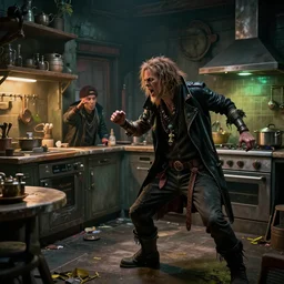 a cyberpunk british magical hobo breaks into some ork's kitchen and attacks them, 4 k, detailed, real life photo, sharp focus, photorealistic