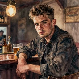 oil watercolor painting of young rugged man in western bar, shaven stubble, short hair, mysterious light, art by anders zorn, wonderful masterpiece by greg rutkowski, beautiful cinematic light, american romanticism by greg manchess, creation by tyler edlin