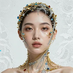 portrait of a beautiful futuristic woman layered with high-tech jewelry wrapping around her face and head, golden-silver light with tiny blue, gold, and red gems scattered like dust, white lace background