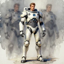 male, full body, modern space suit, very stylized character design, large shoulders, short torso, long thin legs, tiny feet, science fiction, hyperdetailed, technical suit, space marine, watercolor digital painting, by mike mignola, by alex maleev, jean giraud, painted by leyendecker