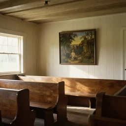 sunday morning in a simple wooden paneled small amish shaker style cottage chapel, bench pews, light streaming in, art by anders zorn, wonderful masterpiece by greg rutkowski, beautiful cinematic light, american romanticism thomas lawrence, greg rutkowski