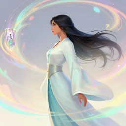 side profile, maya ali as a wind sorcerer, dota 2, robes, elegant, concept art, smooth, tarot, colorful swirly magic ripples, pastel colors, by huang guangjian, sachin teng, greg rutkowski, jesper ejsing, ilya kuvshinov, artgerm, mucha