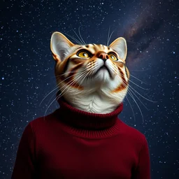 a bust portrait of a cat in a dark red turtleneck pullover being mesmerized by the vastness of space, the milky way galaxy in the background, photography