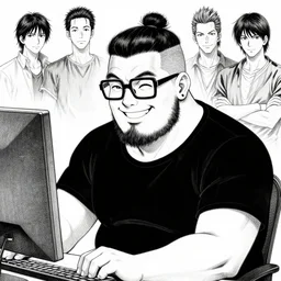 highly detailed ink illustration of a buff smiling man with long stubble, muscular neck, rectangular square shaped glasses and a black bowl cut, wearing a black tshirt, sitting in front of his pc monitor, b & w clean shaped illustration by kim jung gi, jamie hewlett, junji ito, ron english and eiichiro oda