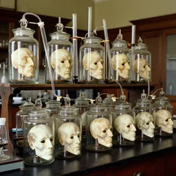 color photograph of an old victorian laboratory with lots of human heads in glass jars connected by tubes