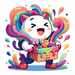 a big flowing trippy cartoon blorjwargle excitedly holding a pandoras box of dripping colors, everything is fractally melting, complex jelly jello hyperspace cubisms are everywhere, surrealism pareidolia smiles all over, complimentary bioluminescent colors, hd quality, digital art