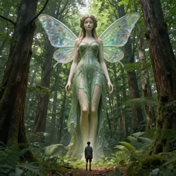 giant nymph standing tall over a tiny man, forest