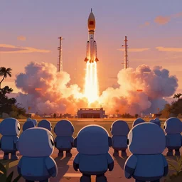 a crowd of kerbals watching a rocket launch at sunset, digital art - n 4