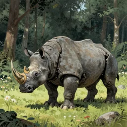 a giant rhinoceros steam powered mechanical, walking into clearing in forest, prairie, meadow, style of moebius