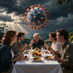 volcarona eating dinner at a table happiness is temporary by greg rutkowski