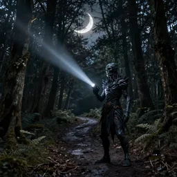 oleg vdovenko flash searchlight digital photo captures a humanoid fantasy creature, midnight, horror, path, woods, silence, crescent moon, greg rutkowski, sharp focus, dark