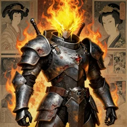 composition portrait of gothic and futuristic, warhammer, cyber japan style armor, more and more scars, firestorm, yellow head, lightning in eyes, highly detailed, artstation, in the style of moebius, jugendstil and classic japanese print, art by jean delville and rene magritte