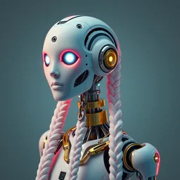 a robot with long braids made from porcelain and brass, neon colors, 1 9 5 0 sci - fi, studio lighting, calm, ambient occlusion, octane render