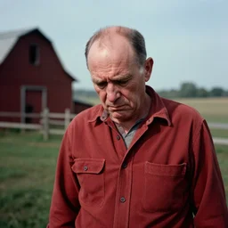 A very sad man, near farm, outdoors, photograph, f2.8, dramatic, balding hair, redneck, film grain, large format, 1950