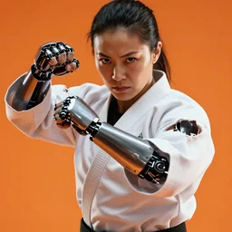 cinematic close-up of a muscled japanese female martial artist with robotic arms, wearing white karate gi with the sleeves torn off, stern expression, battle ready, sharp, smooth, beautiful, energetic, vivid colors, orange lighting, by Artgerm
