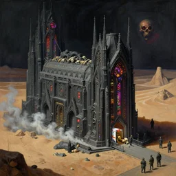 crematorium tomb gothic architecture advanced technology scifi architectural structure desert planet, fantasy, elevator, side ramp entrance, ambulance, smoke, dead bodies, guards intricate, painting by lucian freud and mark brooks, bruce pennington, dark colors, neon, death, guards, nice style culture