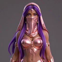 a regal hyderabadi sylph with long purple hair and pale brown skin wearing a rose gold niqab and rose gold breastplate and circlet, 3 d render by mandy jurgens, artgerm, and lu ji, centered, artstation contest winner, cgsociety, fantasy art, cryengine, concept art, photorealism, daz 3 d, sketchfab, zbrush