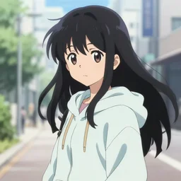 black haired girl wearing hoodie, city bright daylight, anime epic artwork, shinkai makoto