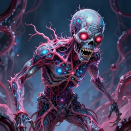 A zombie with bioluminescent varicose veins and blood vessels, by andres rios artstation, vivid pink and blue colors, stunning fantasy horror, smooth, intricate, ornate, digital painting, artstation, concept art, morbid fantasy, sharp focus, illustration, trending on artstation