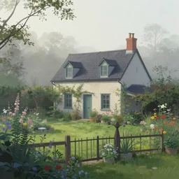 a matte painting of a cottage in a country garden with morning haze by noriyoshi ohrai