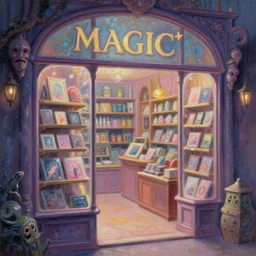 Close-up of a Magic's store, pastel painting, extremely detailed, glass, high fantasy, colorful, rgb, dark, beautiful, trending on artstation, HD