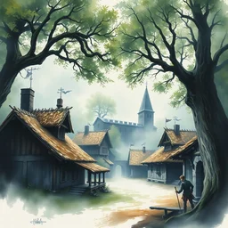 paint brush strokes, abstract watercolor painting of rustic village fortress, oak trees, closeup, medieval straw roof, scandinavian viking age, fog, ambient lighting, art by hans dahl, by jesper ejsing, art by anders zorn, wonderful masterpiece by greg rutkowski, cinematic light, american romanticism by greg manchess, creation by tyler edlin