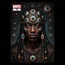 an african!! all seeing shaman covered with eyes!!, dim light, front game card, marvel comics, dark, intricate, highly detailed, smooth, artstation, digital illustration by ruan jia and mandy jurgens and artgerm and wayne barlowe and greg rutkowski and zdislaw beksinski, and h. r. giger and adi granov
