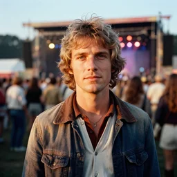 photorealistic portrait of geert wilders at the 1 9 6 9 woodstock festival shot on 1 6 mm eastman 7 2 5 4 film at magic hour